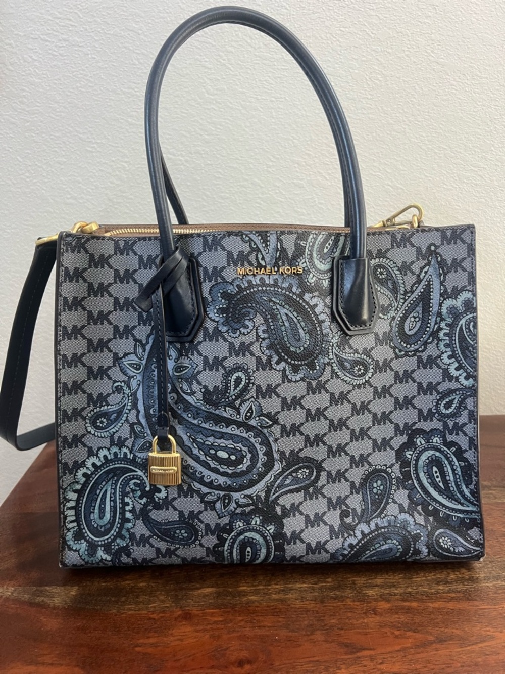 Limited Michael Kors Blue & Gray Paisley Satchel with Gold Hardware